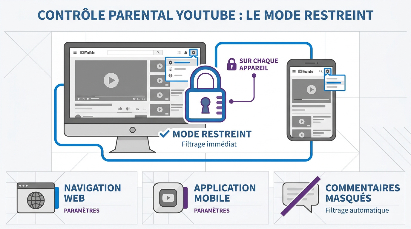 Interface de configuration du mode restreint sur YouTube pour la sécurité des enfants