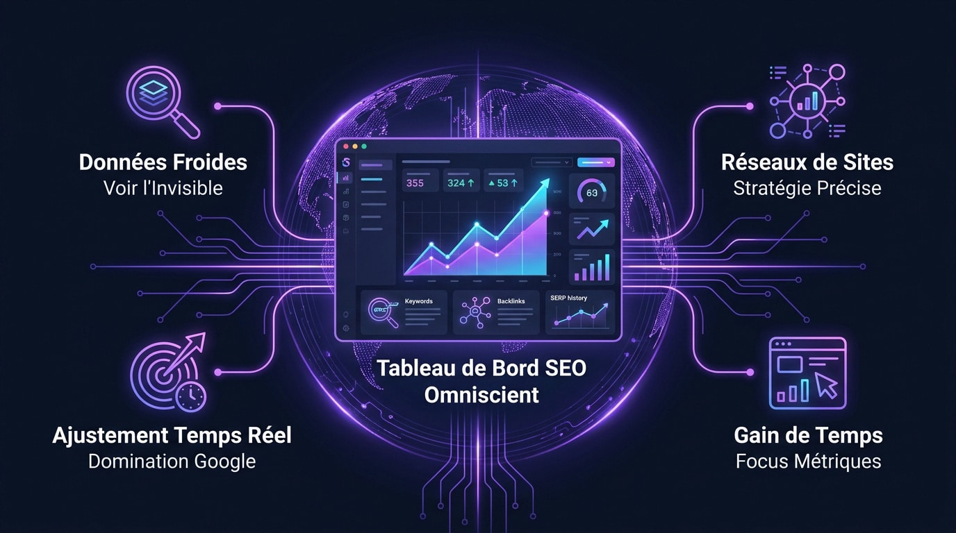 Tableau de bord Seobserver affichant les métriques de backlinks et le suivi des positions SERP