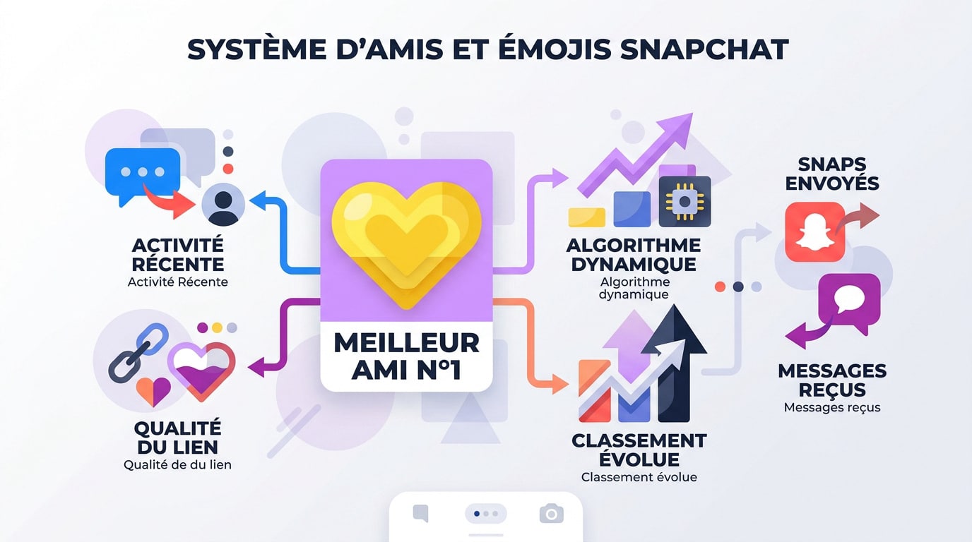 Infographie expliquant la hiérarchie des emojis et le système d'amis sur Snapchat