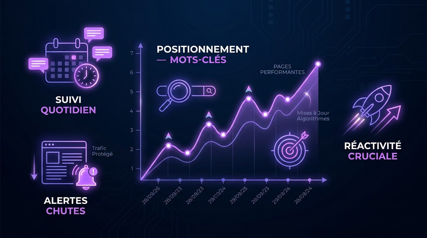 Interface de suivi du positionnement des mots-clés et indicateurs de réactivité SEO