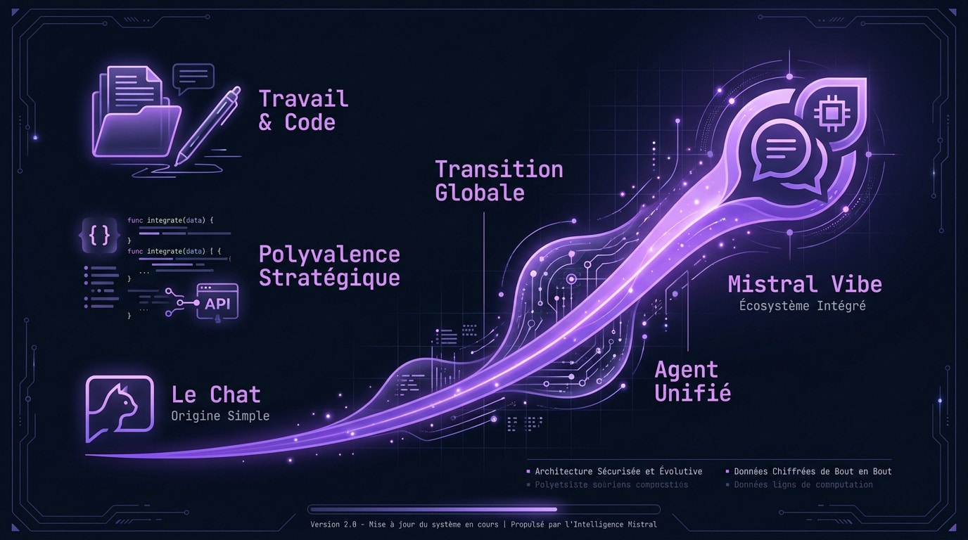 Interface de transition entre Le Chat et Mistral Vibe affichant les nouveaux modes de travail