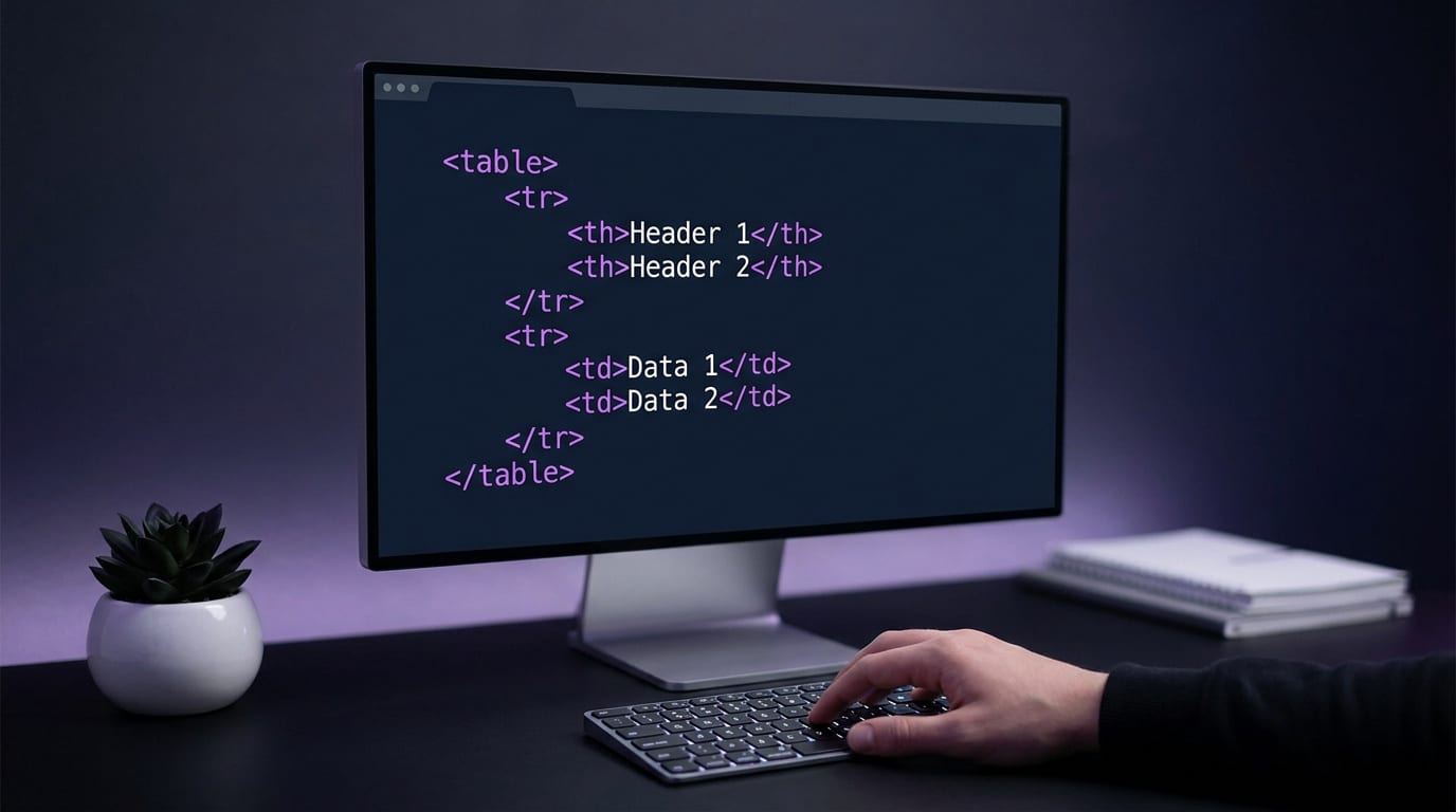 Un écran d'ordinateur affichant un exemple de code HTML pour créer un tableau, avec une main tapant sur le clavier.