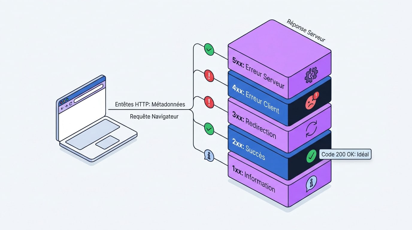 Schéma illustrant l'échange de codes d'état HTTP entre un navigateur et un serveur web