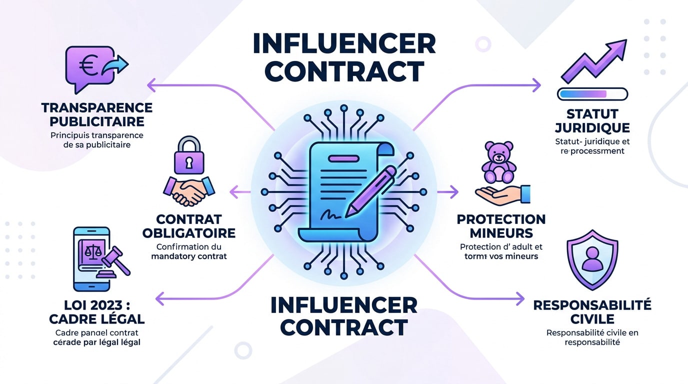 Représentation visuelle du cadre légal et des contrats pour les influenceurs en France