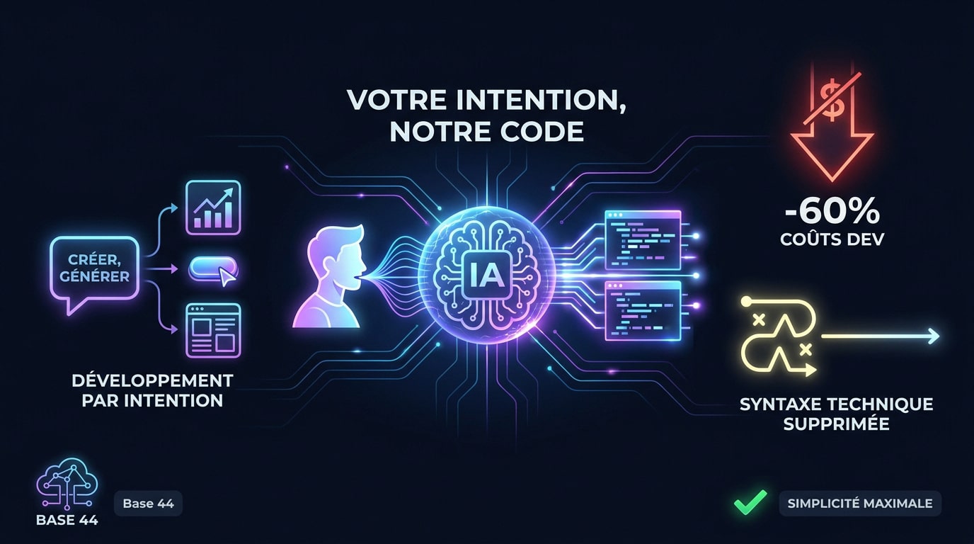 Infographie expliquant le concept de vibe coding et la transformation de l'intention en code source