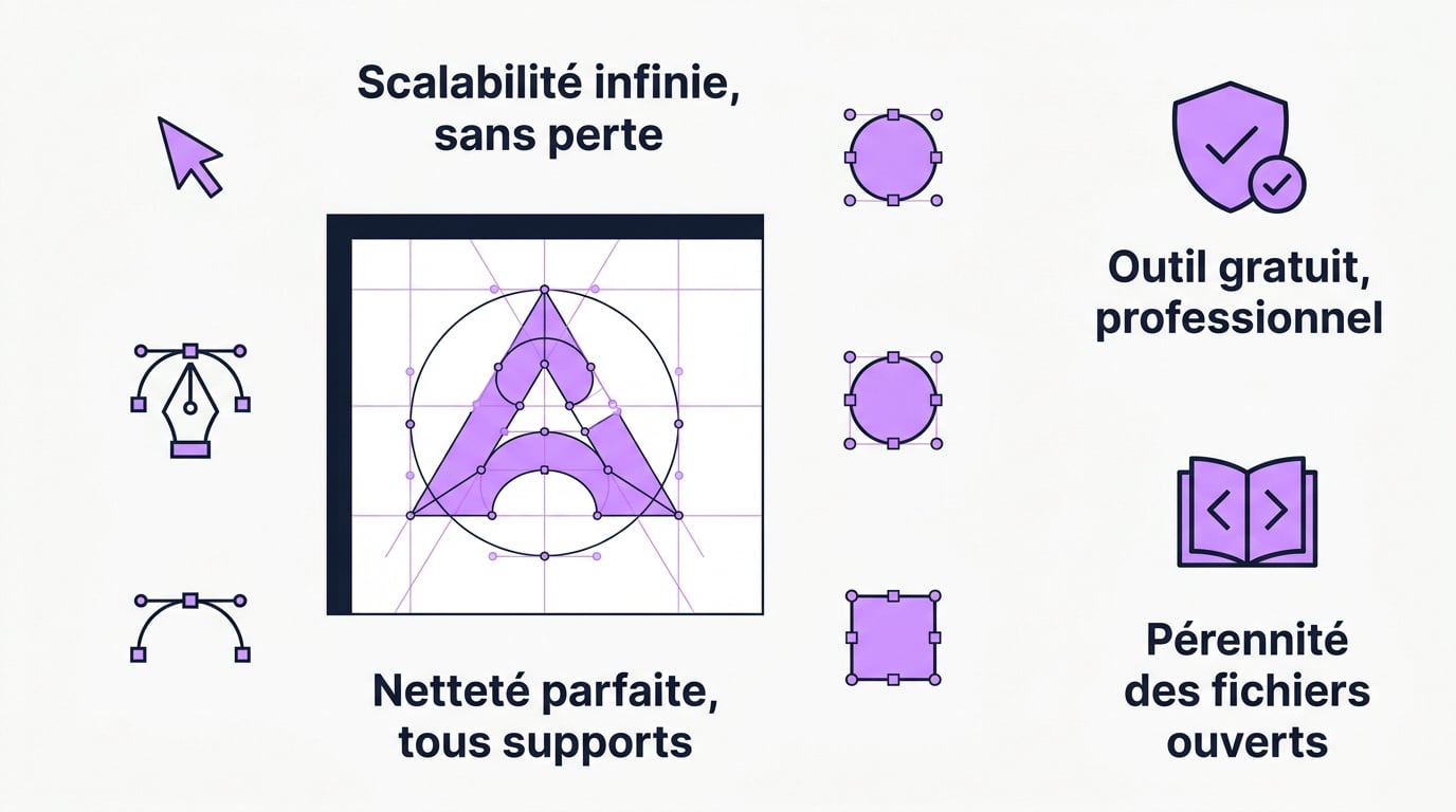Interface du logiciel Inkscape montrant la création d'un logo vectoriel avec des outils de courbes et de formes