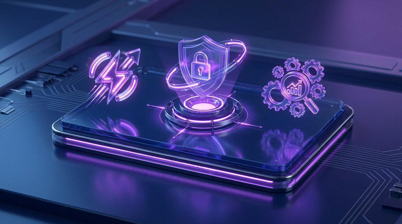 Icônes 3D holographiques violettes représentant la vitesse, la sécurité et l'analyse de données sur un circuit imprimé.