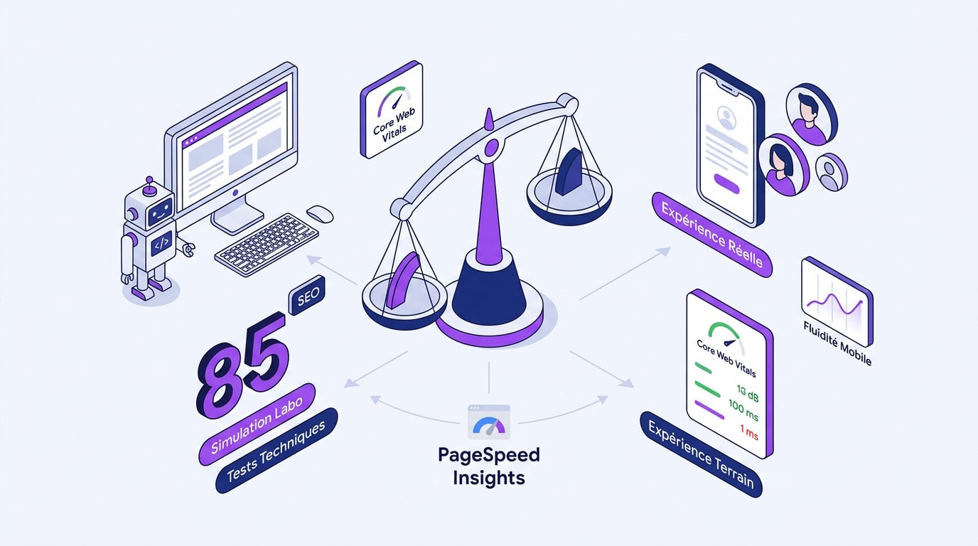 Comparaison entre simulation Lighthouse et données réelles CrUX dans Google PageSpeed Insights