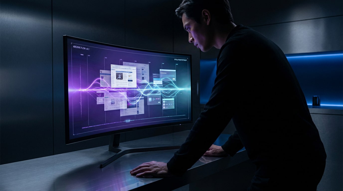 Un homme examine des archives de sites web sur un écran incurvé avec une interface futuriste et des ondes lumineuses.