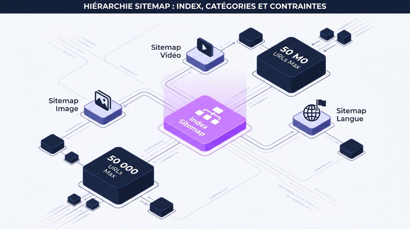 Schéma de la hiérarchie d'un index sitemap XML et ses contraintes techniques