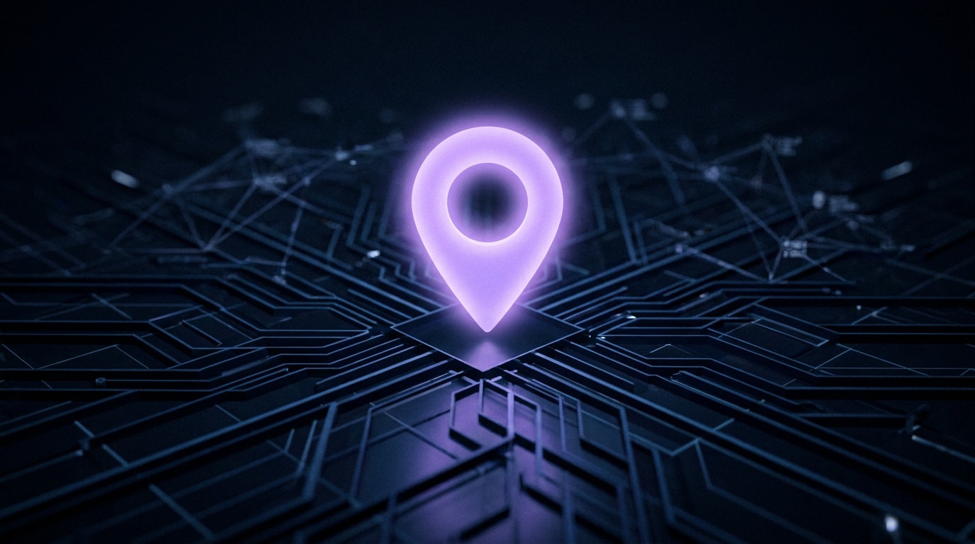 Une épingle de localisation néon violette au centre d'un circuit imprimé numérique complexe sur fond sombre.