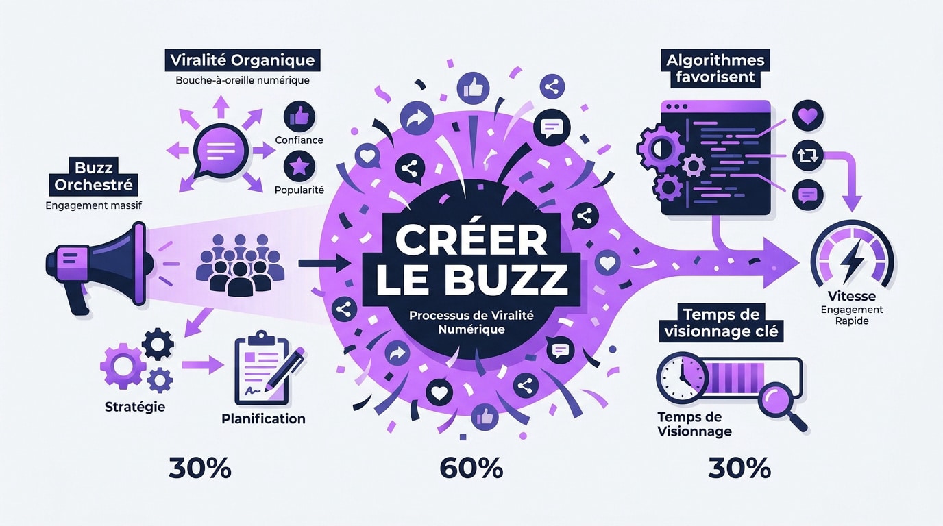 Infographie détaillant les étapes clés pour générer de la viralité et créer un buzz efficace sur les plateformes sociales.