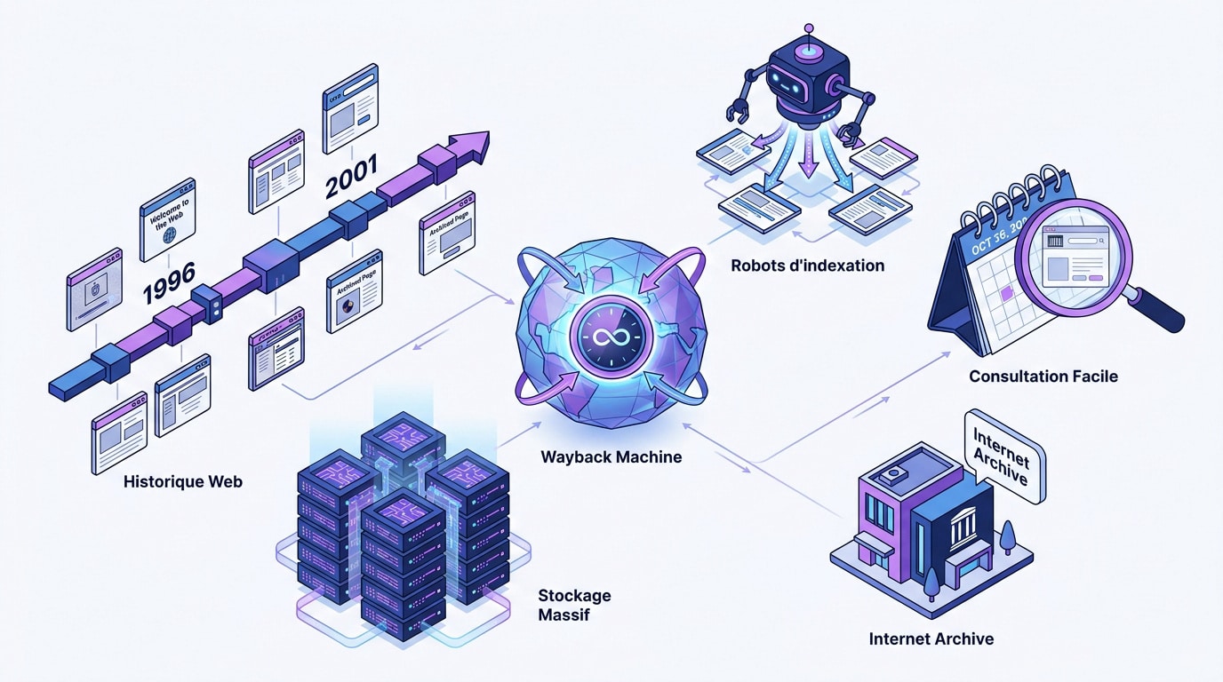 Infographie détaillant le processus d'archivage numérique de la Wayback Machine et d'Internet Archive