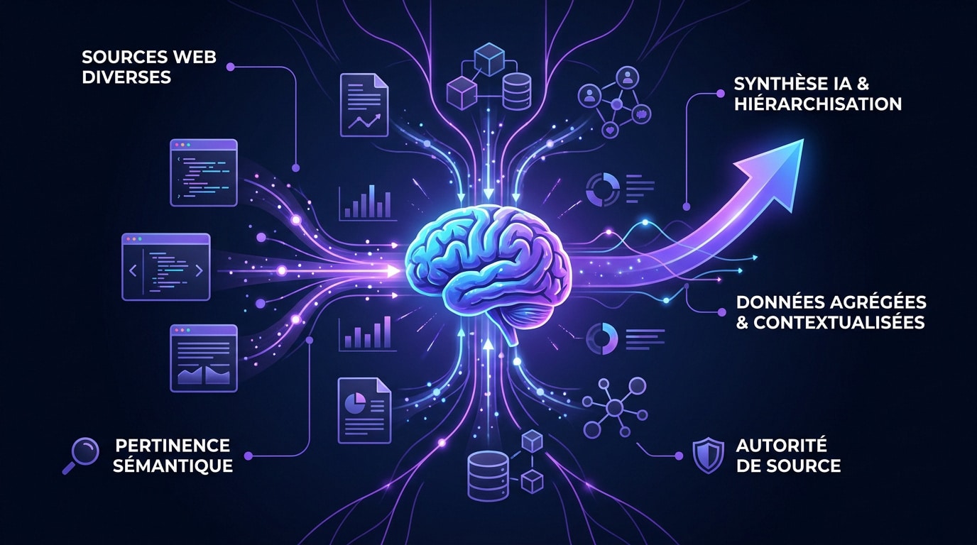 Infographie illustrant le flux de données web synthétisées par l'intelligence artificielle de Google pour les aperçus génératifs