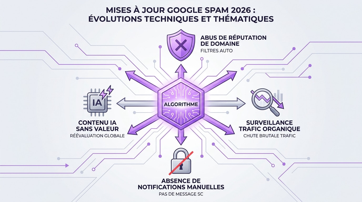 Infographie détaillant le fonctionnement de la mise à jour Google Spam d'août 2026