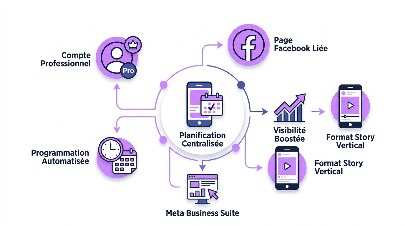 Infographie détaillant les étapes techniques pour programmer une story Instagram via Meta Business Suite