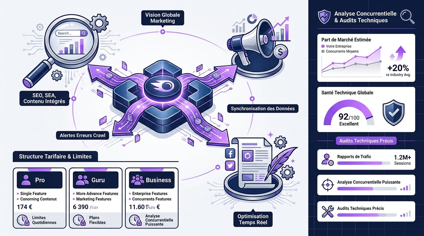 Infographie présentant les fonctionnalités SEO, SEA et analyse de contenu de Semrush