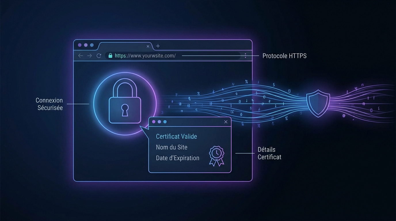 Interface de sécurité affichant une connexion HTTPS sécurisée par un certificat SSL