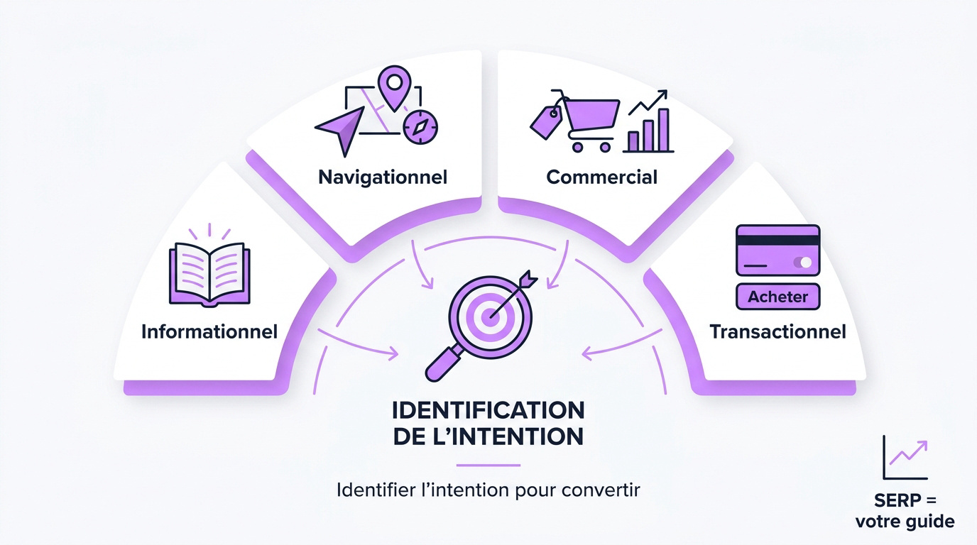 Infographie détaillant les quatre types d'intentions de recherche SEO pour optimiser la conversion.