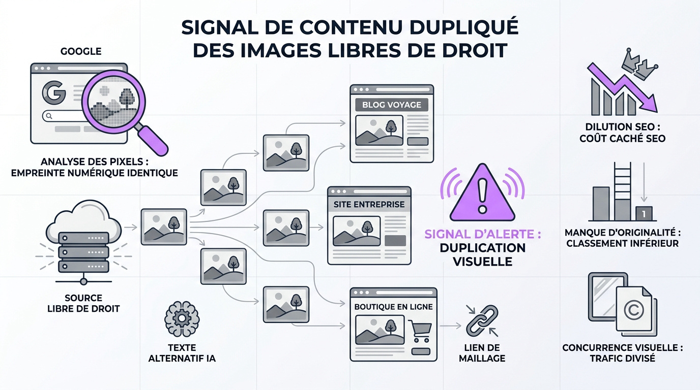 Illustration de la redondance visuelle et du contenu dupliqué lié aux images de stock