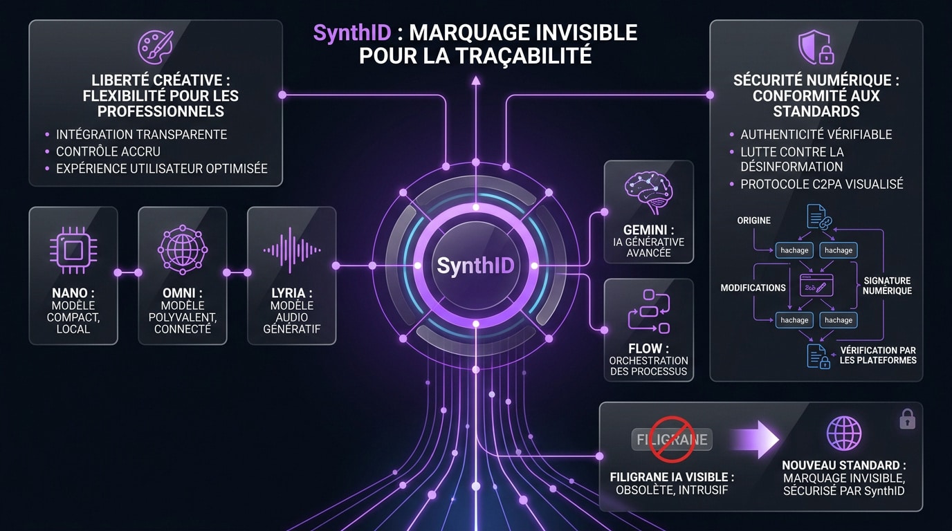 Illustration de la technologie SynthID pour le marquage invisible des contenus générés par IA