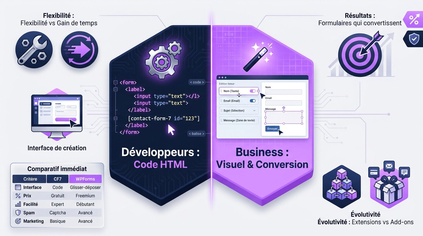 Comparaison visuelle entre l'éditeur de code de Contact Form 7 et le constructeur glisser-déposer de WPForms