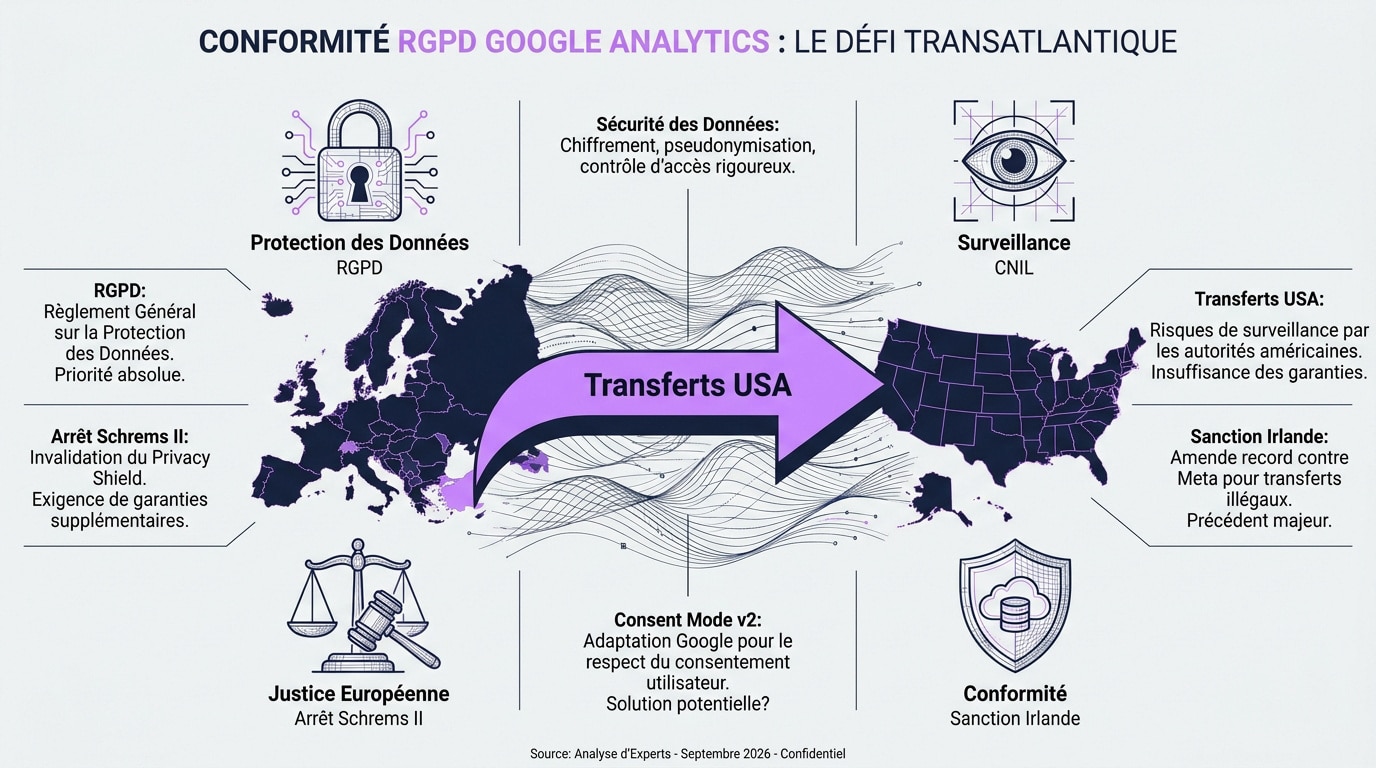 Illustration de la conformité RGPD et des enjeux de transfert de données Google Analytics entre l'Europe et les États-Unis