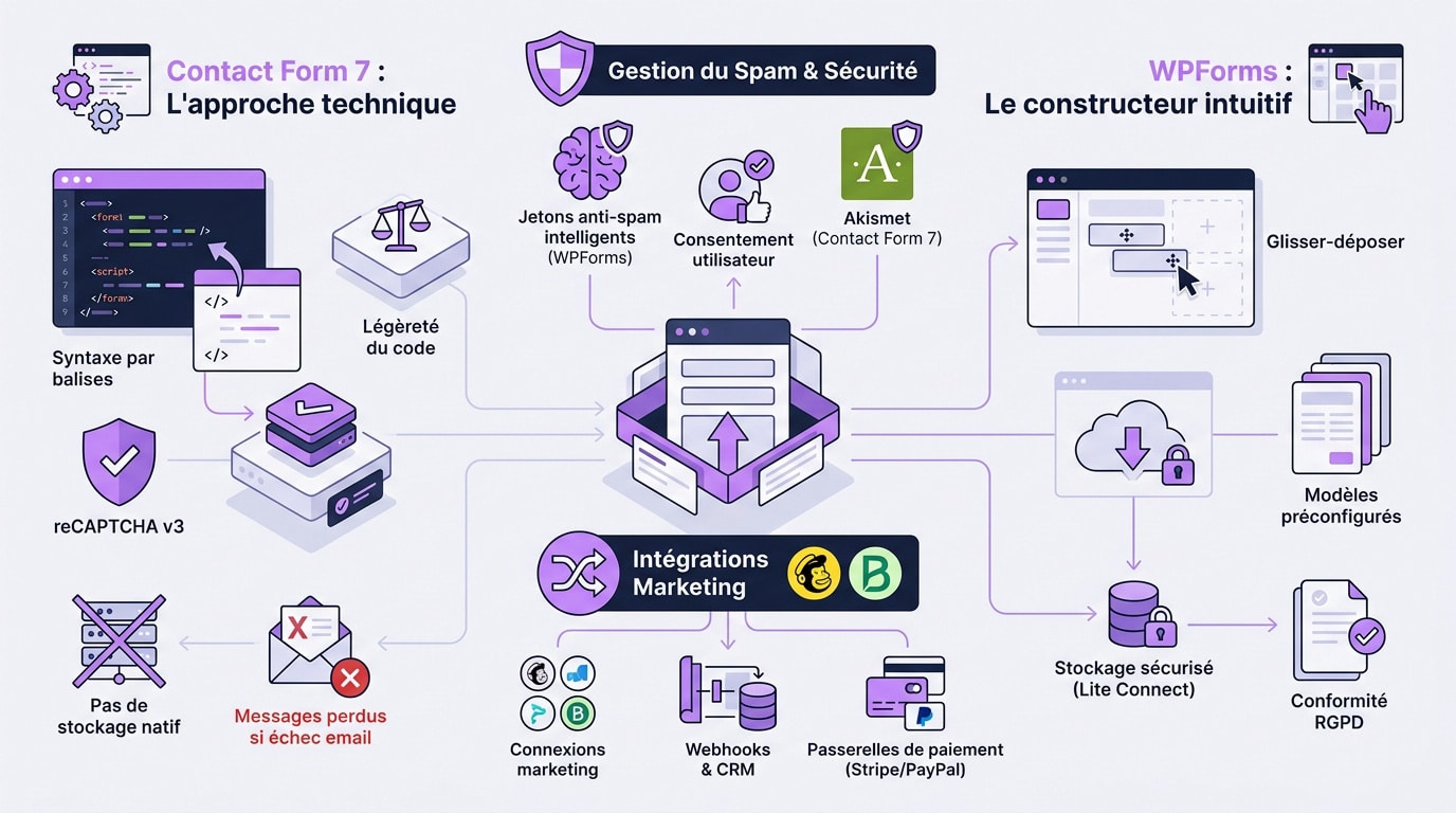 Comparaison de l'interface visuelle de WPForms face à l'éditeur textuel de Contact Form 7