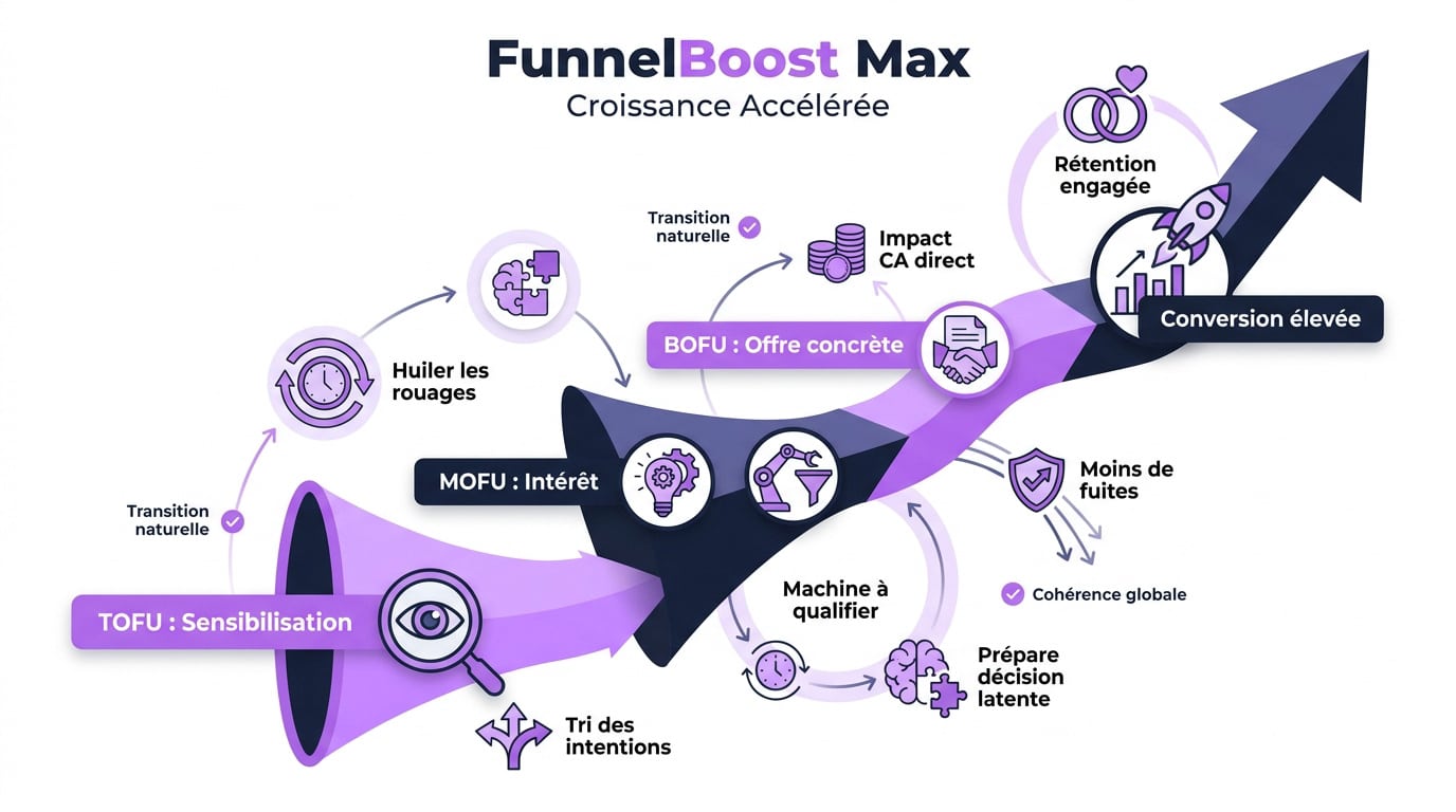 Infographie détaillant les étapes TOFU, MOFU et BOFU de l'entonnoir de conversion FunnelBoost Max