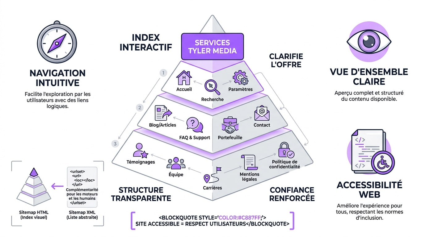Infographie détaillant la structure hiérarchique d'un sitemap HTML pour optimiser la navigation utilisateur