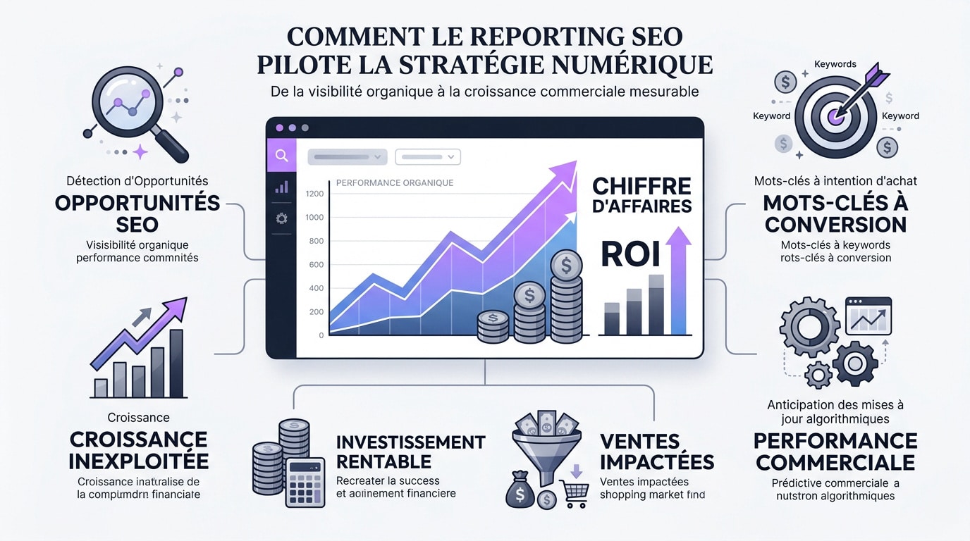 Graphique d'analyse de performance et reporting SEO stratégique