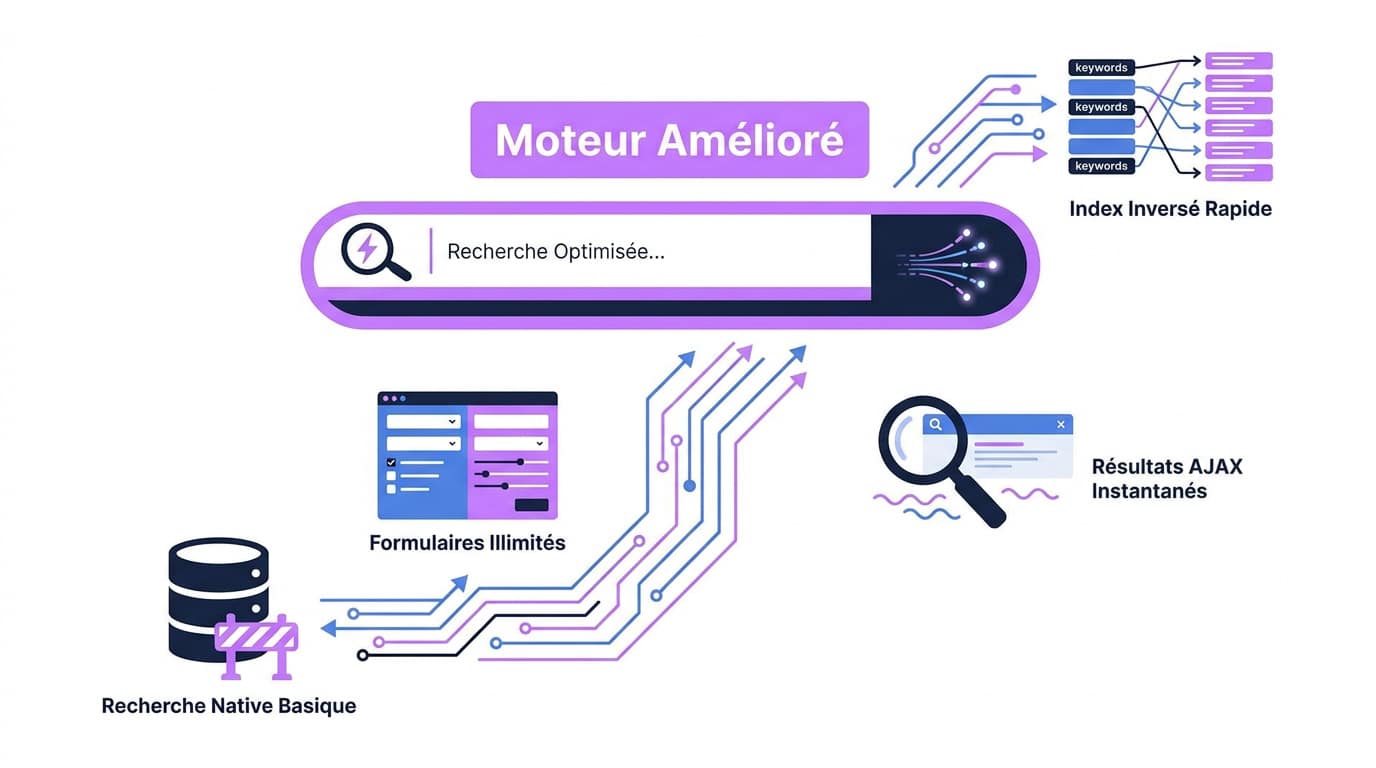 Illustration d'un moteur de recherche optimisé pour WordPress en flat design