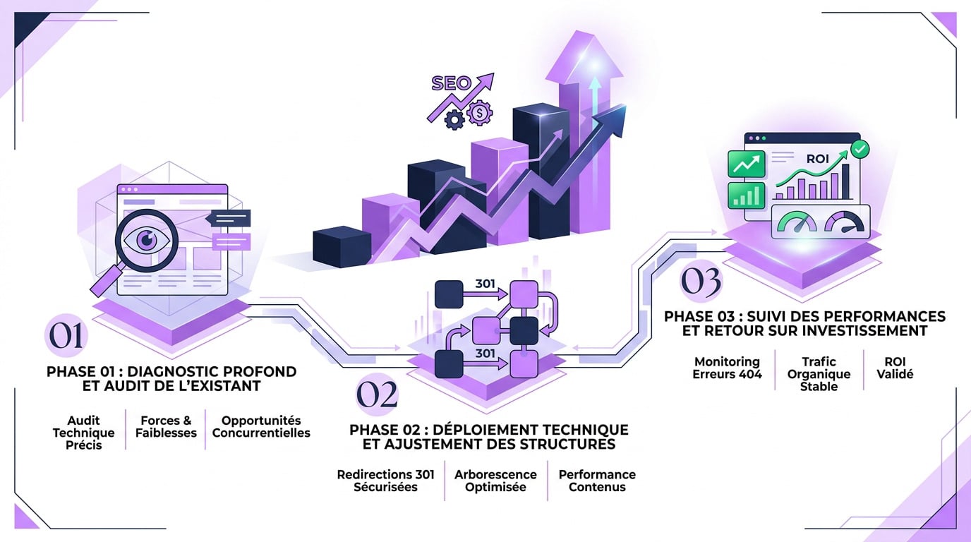Schéma du processus de refonte SEO incluant le diagnostic, l'optimisation technique et la mesure du ROI