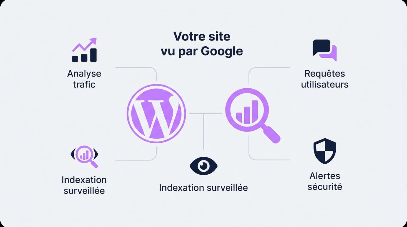 Interface de Google Search Console analysant les performances SEO d'un site WordPress