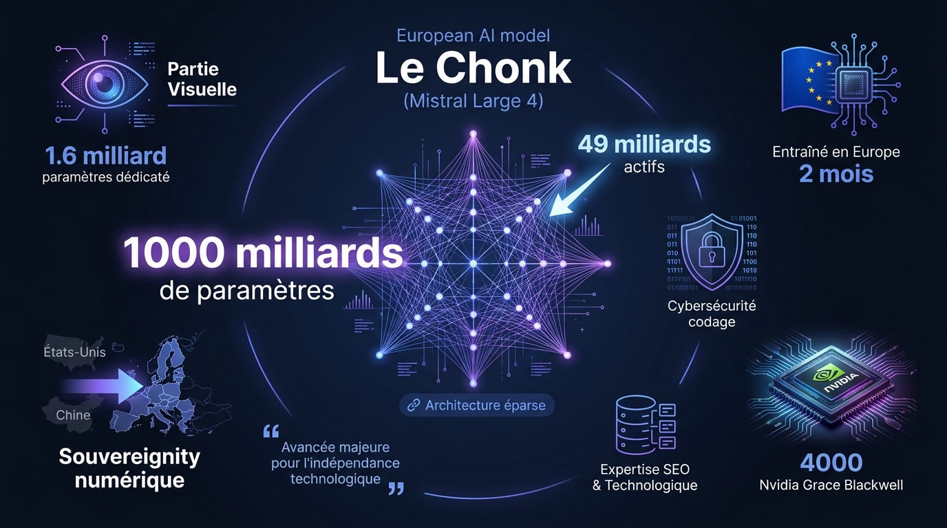 Représentation technologique du modèle d'IA Mistral Large 4 Le Chonk en Europe